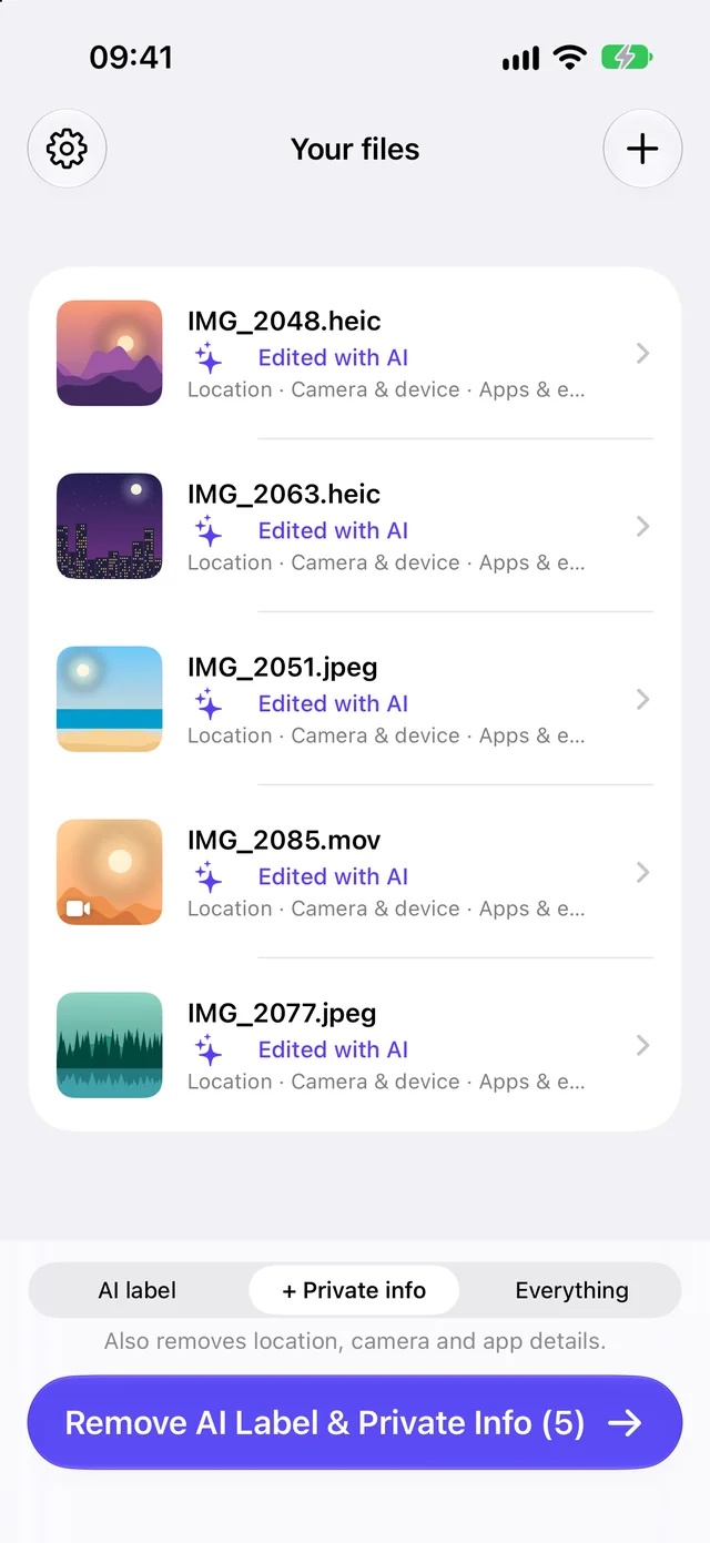AI Label Buster Pro listing five photos and videos, each marked Edited with AI